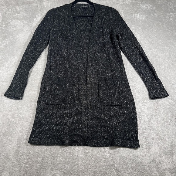 Eileen Fisher Cardigan Sweater Womens Small Black Metallic Wool Blend Open Front - Picture 1 of 8